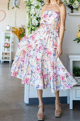 FLORAL PRINT STRAPLESS TIERED DRESS