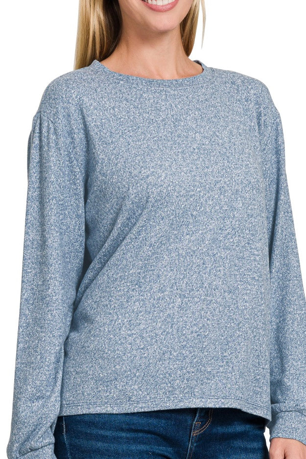 LONG SLEEVE SOFT MELANGE HACCI ROUND NECK TOP