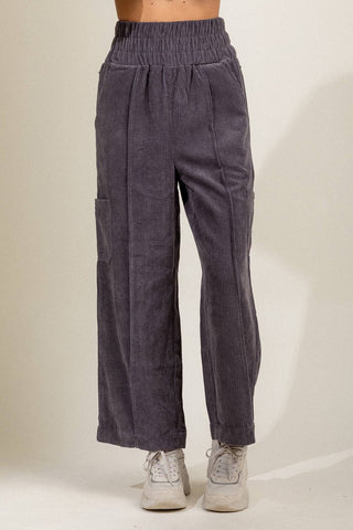 ELASTIC WAIST SOFT CORDUROY WIDE LEG PANTS WITH FRONT SEAM DETAIL