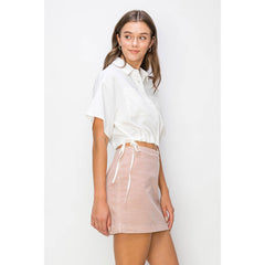 BUTTON DOWN DRAWSTRING CROP TOP