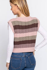 SLEEVELESSS VNECK STRIPED CABLE SWEATER VEST