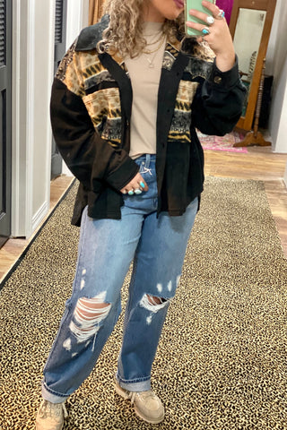 LONG SLEEVE FLEECE JACKET WITH ANIMAL PRINT CONTRASTS