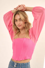 CORSET STYLE TOP WITH CHIFFON BUBBLE SLEEVES
