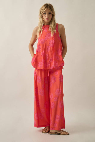 FLORAL PRINT WIDE LEG PANT WITH DRAWSTRING WAIST