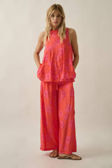 FLORAL PRINT WIDE LEG PANT WITH DRAWSTRING WAIST