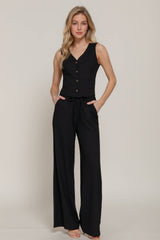 V-Neck Button Closure Vest & Long Pants Set