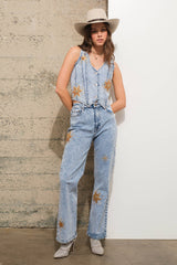 VNECK CROPPED DENIM VEST WITH STAR DETAIL