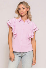 DOUBLE RUFFLE SLEEVED BUTTON DOWN TOP