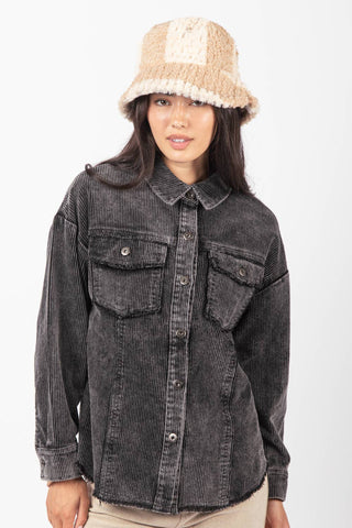 LONG SLEEVE MINERAL WASHED CORDUROY BUTTON DOWN JACKET