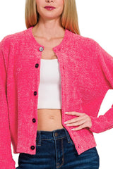 LONG SLEEVE CHENILLE BUTTON DOWN SWEATER