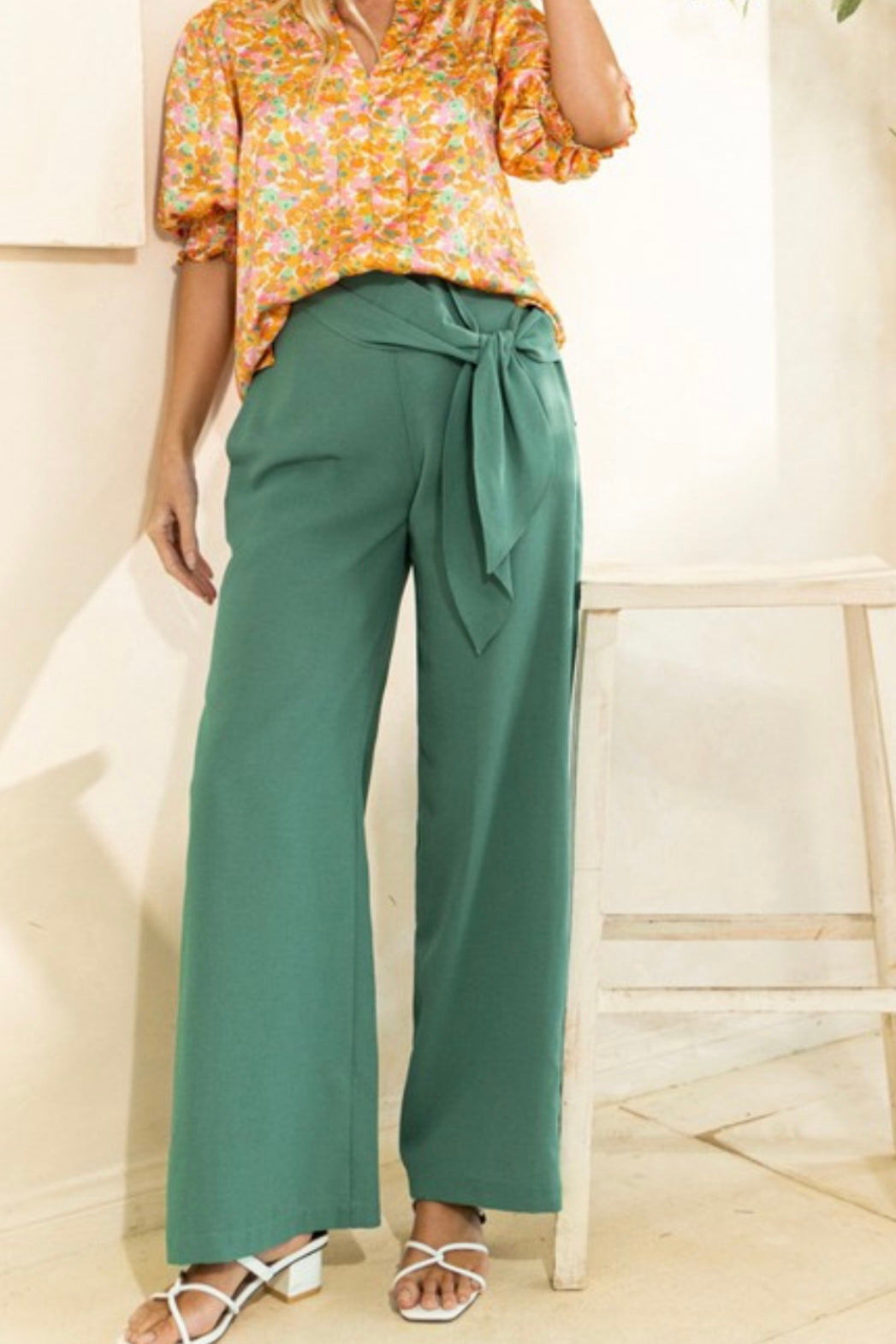HIRISE FRONT TIE ELASTIC BACK WAIST WIDE LEG PANTS