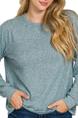 LONG SLEEVE SOFT MELANGE HACCI ROUND NECK TOP
