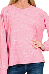 CURVY LONG SLEEVE SOFT MELANGE HACCI ROUND NECK TOP