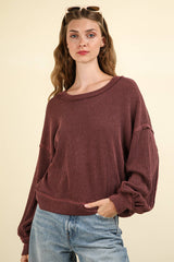 LONG BUBBLE SLEEVE DROPPED SHOULDER PULLOVER WITH TWO TONE RIBBED DETAIL