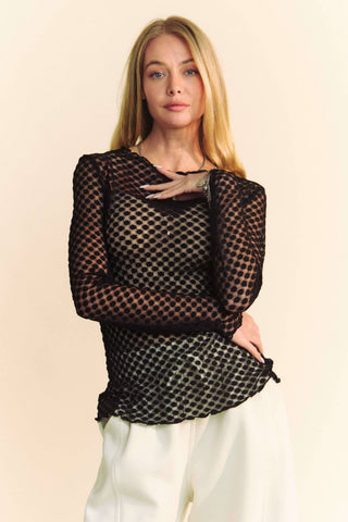 CURVY LONG SLEEVE DOT LACE MESH TOP