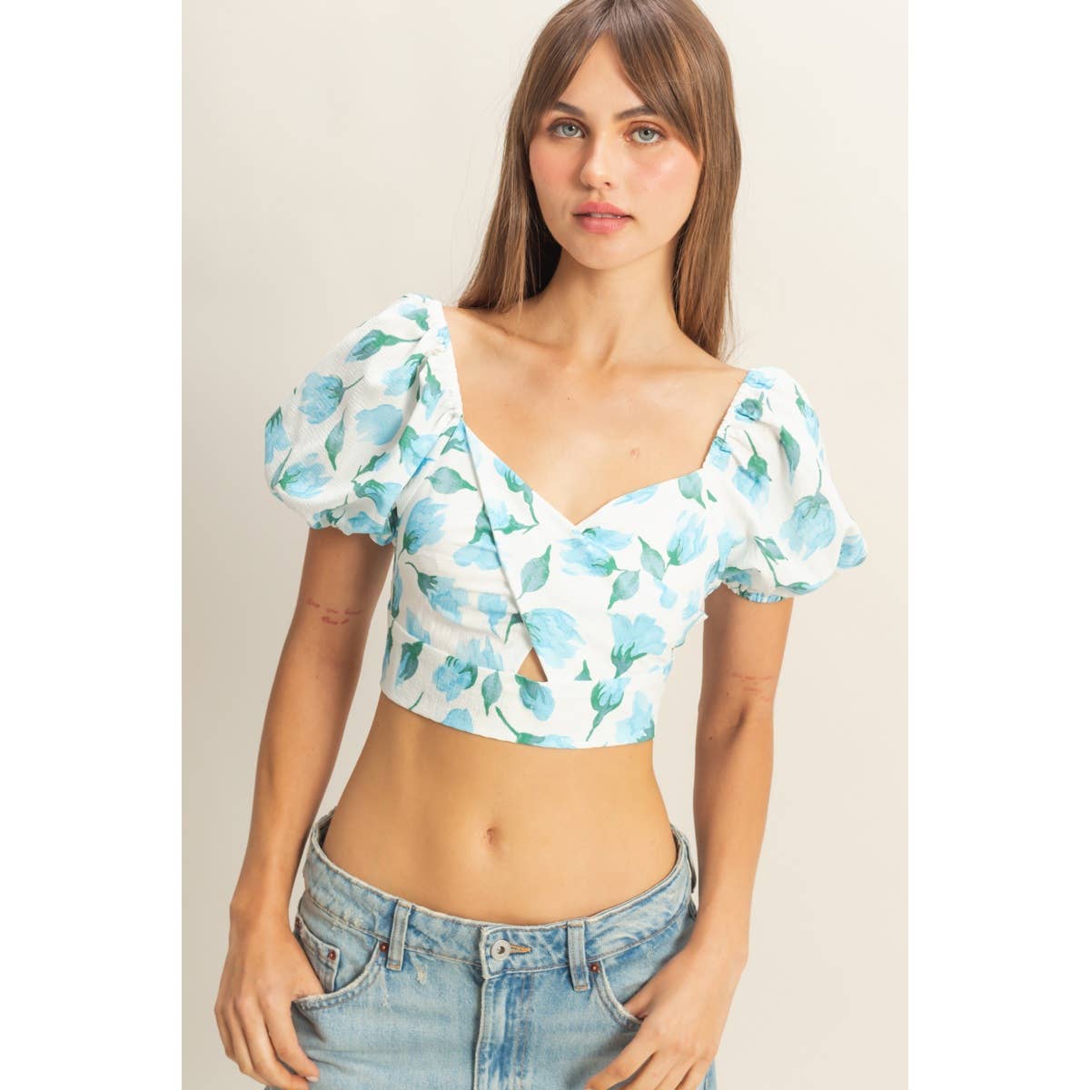 SHORT PUFF SLEEVE FLORAL PRINT SWEETHEART