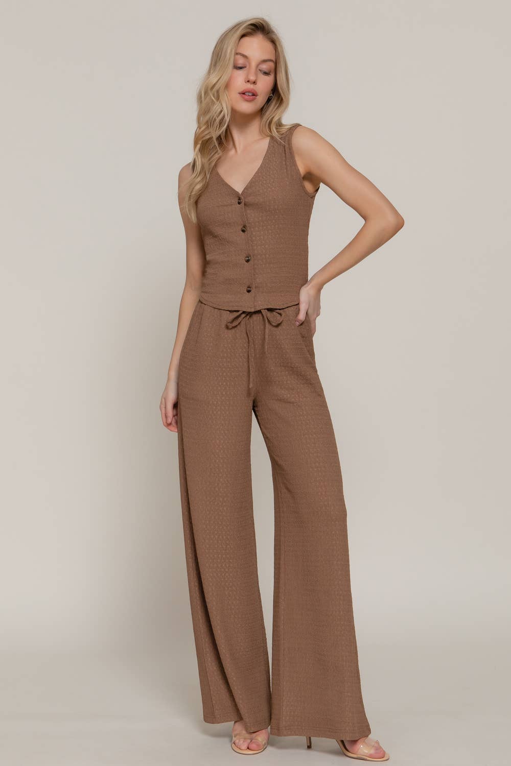 V-Neck Button Closure Vest & Long Pants Set