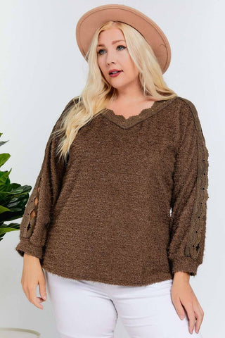 CURVY FUZZY V NECK LONG SLEEVE SWEATER WITH CROCHET SLEEVE DETAIL