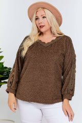 CURVY FUZZY V NECK LONG SLEEVE SWEATER WITH CROCHET SLEEVE DETAIL