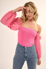 CORSET STYLE TOP WITH CHIFFON BUBBLE SLEEVES