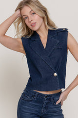 Lapel Collar Double Breasted Button Stretch Denim Vest