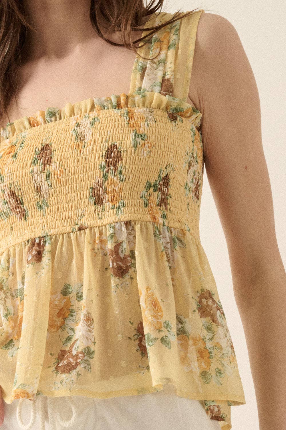 FLORAL CHIFFON TANK WITH SMOCKED BODICE