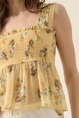 FLORAL CHIFFON TANK WITH SMOCKED BODICE