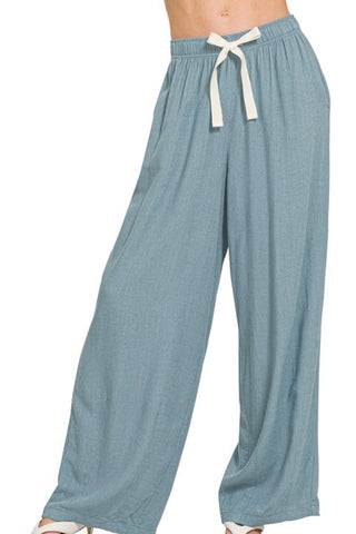 WIDE LEG LINEN BLEND PANTS WITH DRAWSTRING WAIST