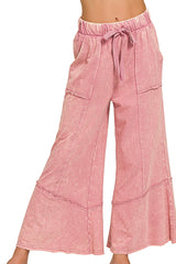 MINERAL WASH ELASTIC WAIST PANTS WITH PIECED HEM DETAILS