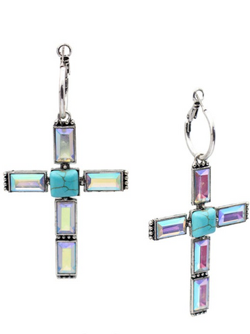 LARGE CRYSTAL AND TURQUOISE CROSS ON HOOP EARRING