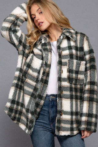 LONG SLEEVE OVERSIZED PLAID FUZZY BUTTON DOWN SHIRT