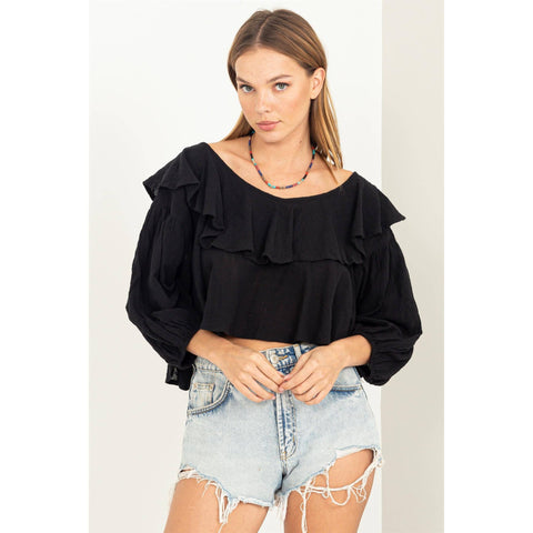 RUFFLED TRIM 3/4 SLEEVE BELL SLEEVE TOP