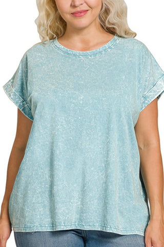 CURVY RELAX FIT MINERAL WASH TEE WITH FOLDOVER SLEEVES