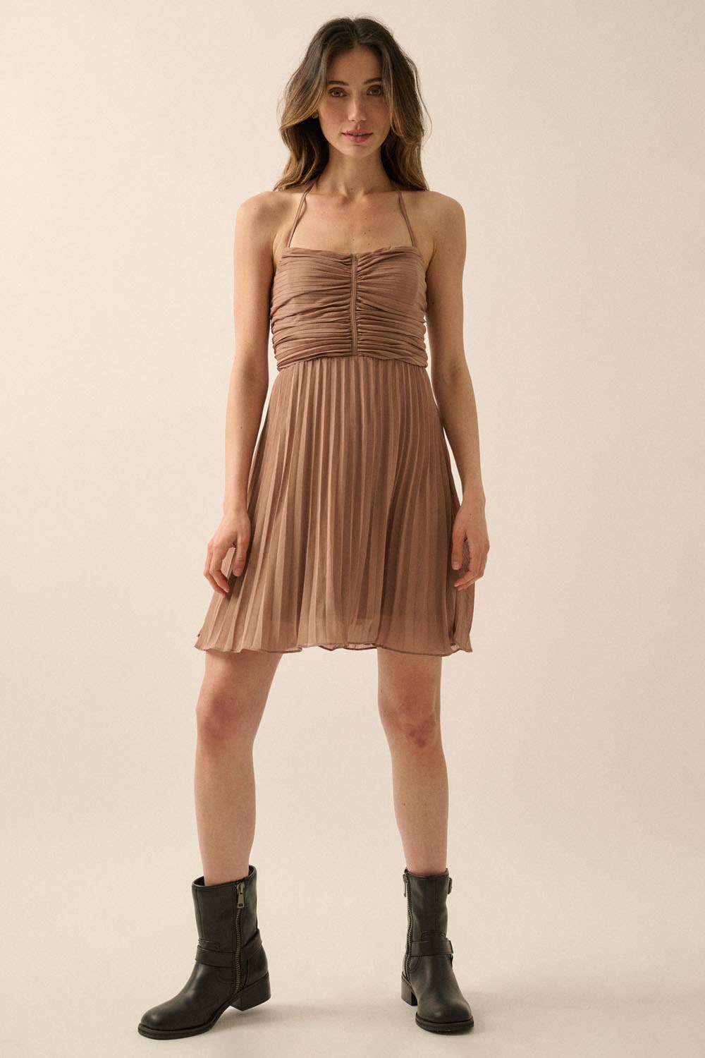 PLEATED HALTER DRESS WITH TIE BACK DETAIL
