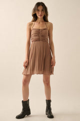PLEATED HALTER DRESS WITH TIE BACK DETAIL