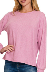 LONG SLEEVE SOFT MELANGE HACCI ROUND NECK TOP