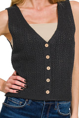 BUTTON DOWN SWEATER VEST WITH EYELET DETAIL