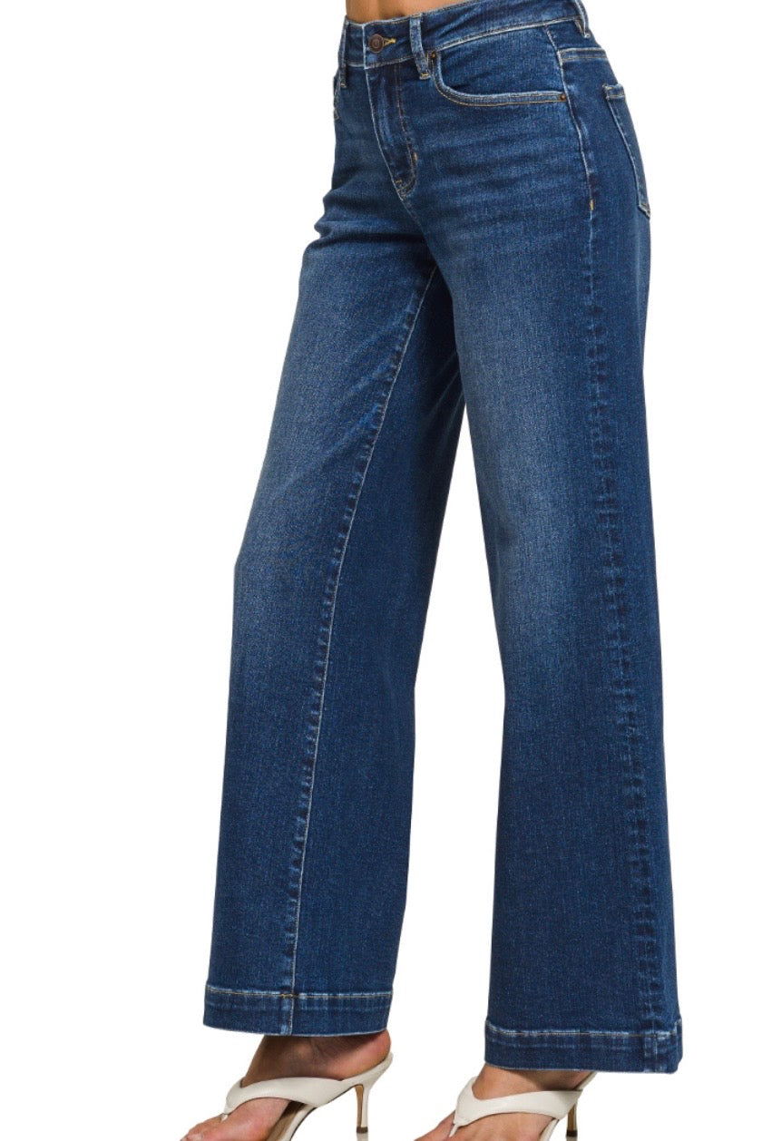 MIDRISE CLEAN WASH WIDE LEG JEANS WITH TROUSER HEM