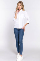 LONG SLEEVE COLLARED BUTTON DOWN TOP WITH STRETCH SIDE PANEL