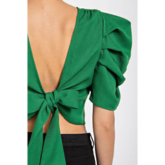 PLEATED PUFF SLEEVE TOP WITH OPEN BACK