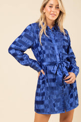 LONG SLEEVE SATIN PLEATED BUTTON DOWN BELTED DRESS