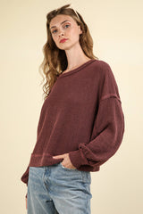 LONG BUBBLE SLEEVE DROPPED SHOULDER PULLOVER WITH TWO TONE RIBBED DETAIL