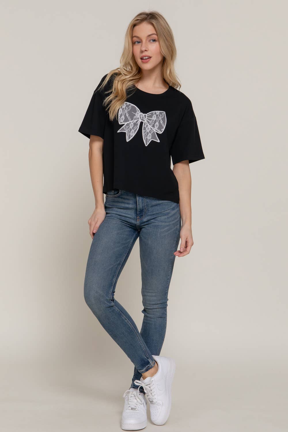 Short Sleeve Crew Neck Lace Patch Oversize Cotton Jersey Top