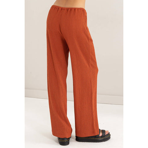 CRINKLE KNIT WIDE LEG PANTS WITH DRAWSTRING WAIST