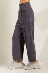 ELASTIC WAIST SOFT CORDUROY WIDE LEG PANTS WITH FRONT SEAM DETAIL