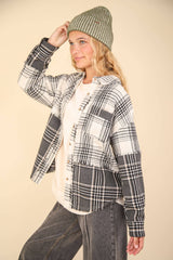 LONG SLEEVE MIXED PLAID BUTTON DOWN TOP WITH FRAYED HEM