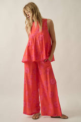 FLORAL PRINT WIDE LEG PANT WITH DRAWSTRING WAIST