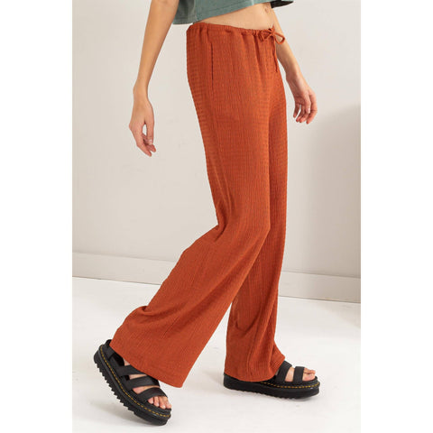 CRINKLE KNIT WIDE LEG PANTS WITH DRAWSTRING WAIST