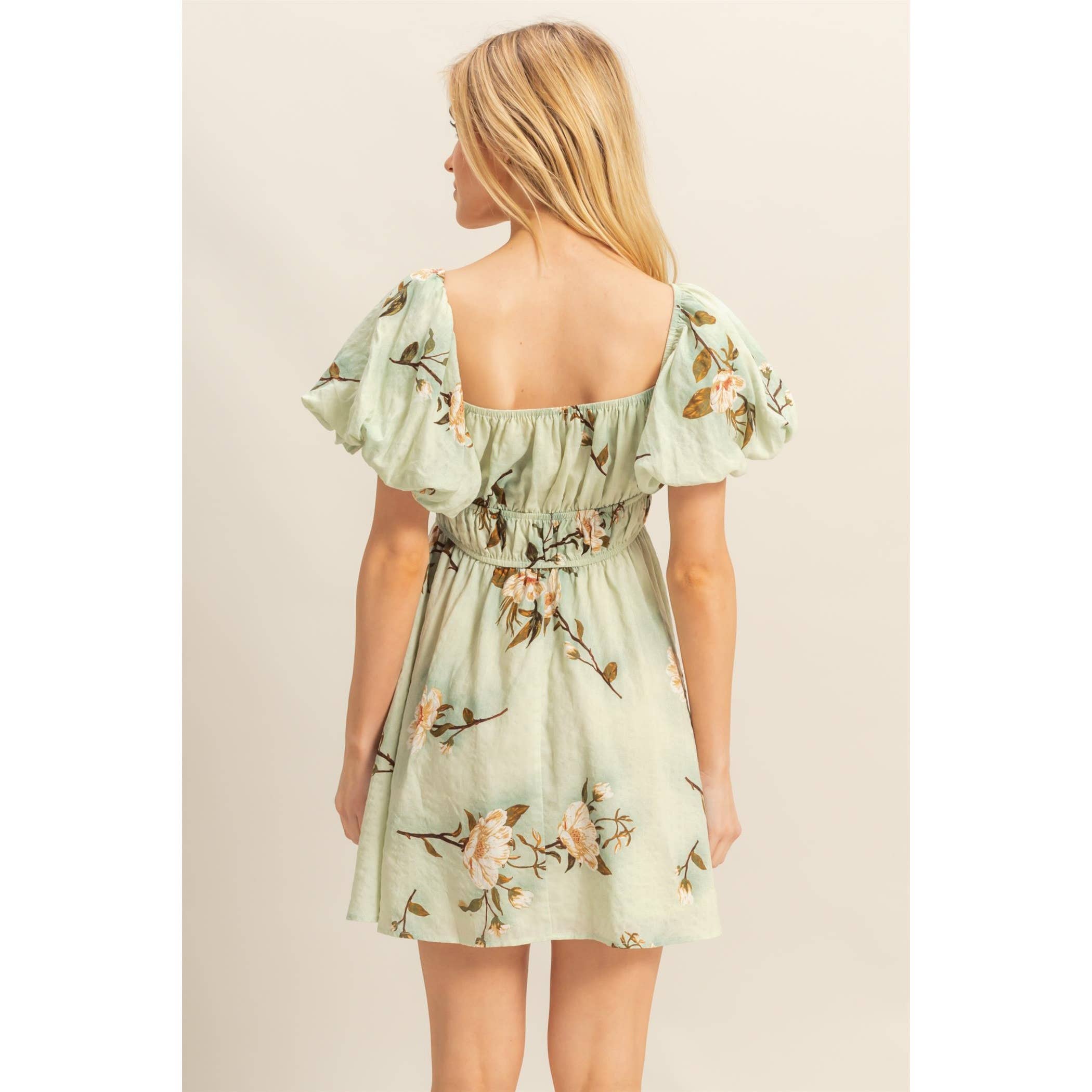 PUFF SLEEVE FLORAL PRINT DRESS WITH SQUARE NECK AND GATHERED DETAIL