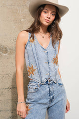 VNECK CROPPED DENIM VEST WITH STAR DETAIL